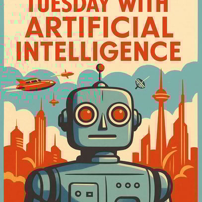 Create a retro-futuristic poster titled Tuesday With Artificial Intelligence. The design should be (1)