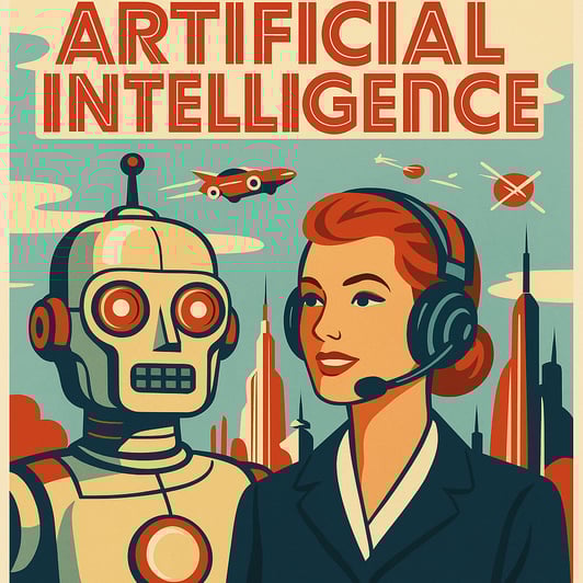 Create a retro-futuristic poster titled Tuesday With Artificial Intelligence. The design should be