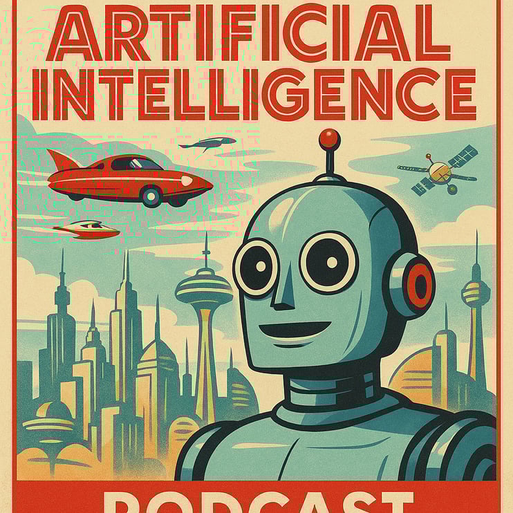 Create a revised retro-futuristic podcast poster for Tuesday With Artificial Intelligence. The des
